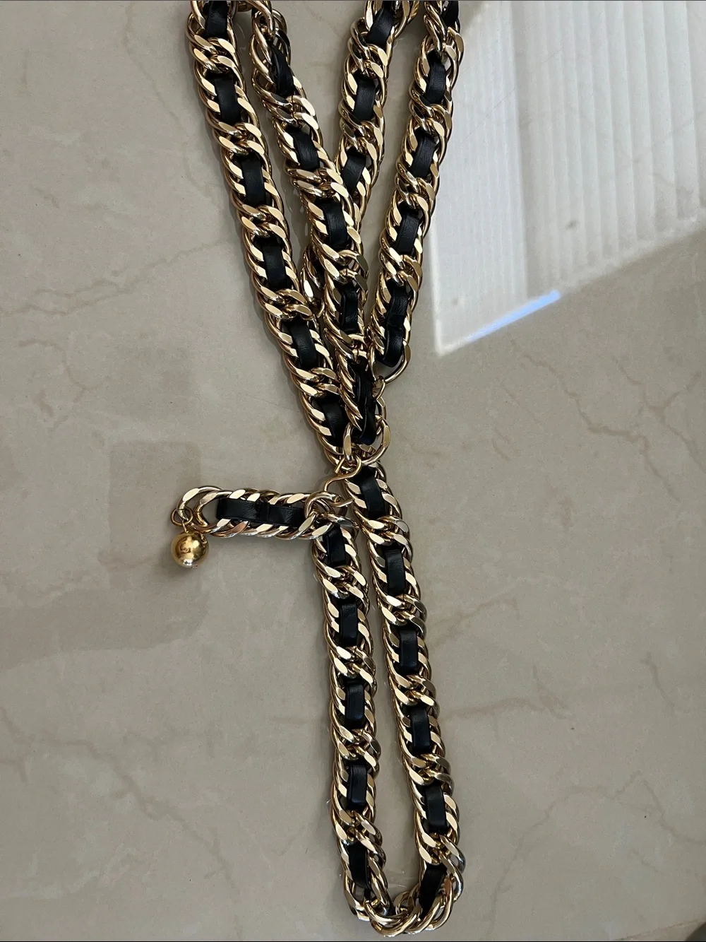 Vintage Gold Chain Belt with Black Leather Weave